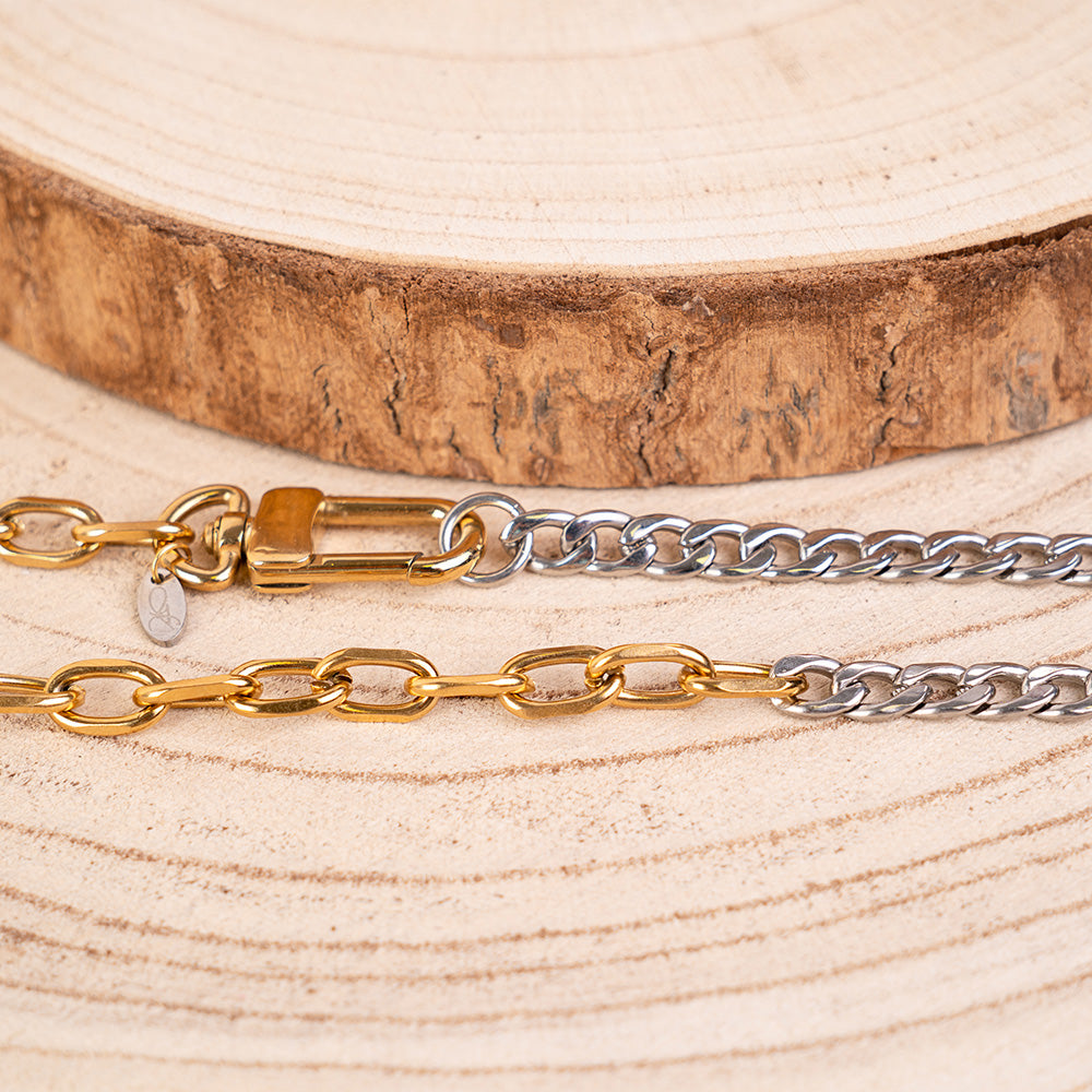 COLLANA COMPOSTA DA DUE CATENE DIVERSE CON MOSCHETTONE