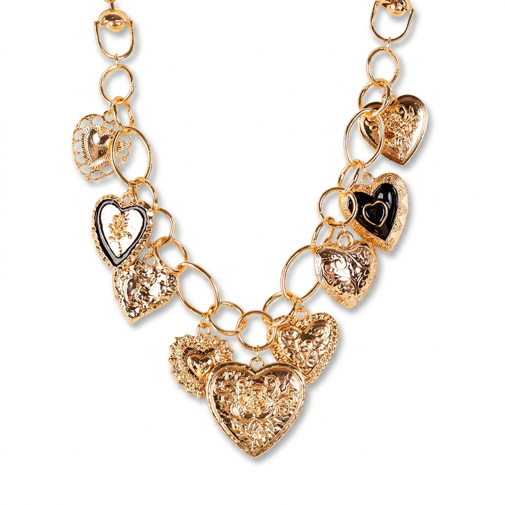 COLLANA GIROCOLLO A CATENA ALTERNATA CON CUORI DI DIVERSO TIPO