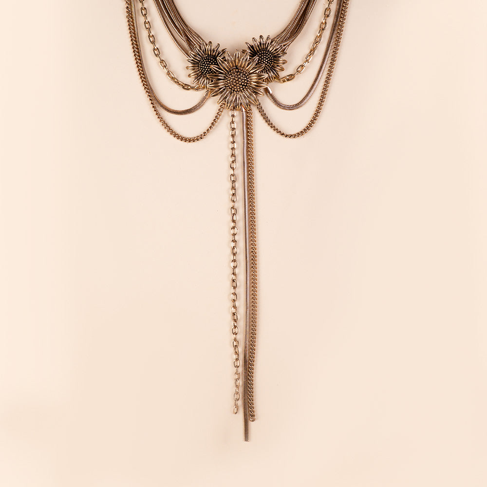 COLLANA A COLLARINO CHOKER MULTIVILO CON GIRASOLI E PENDENTI