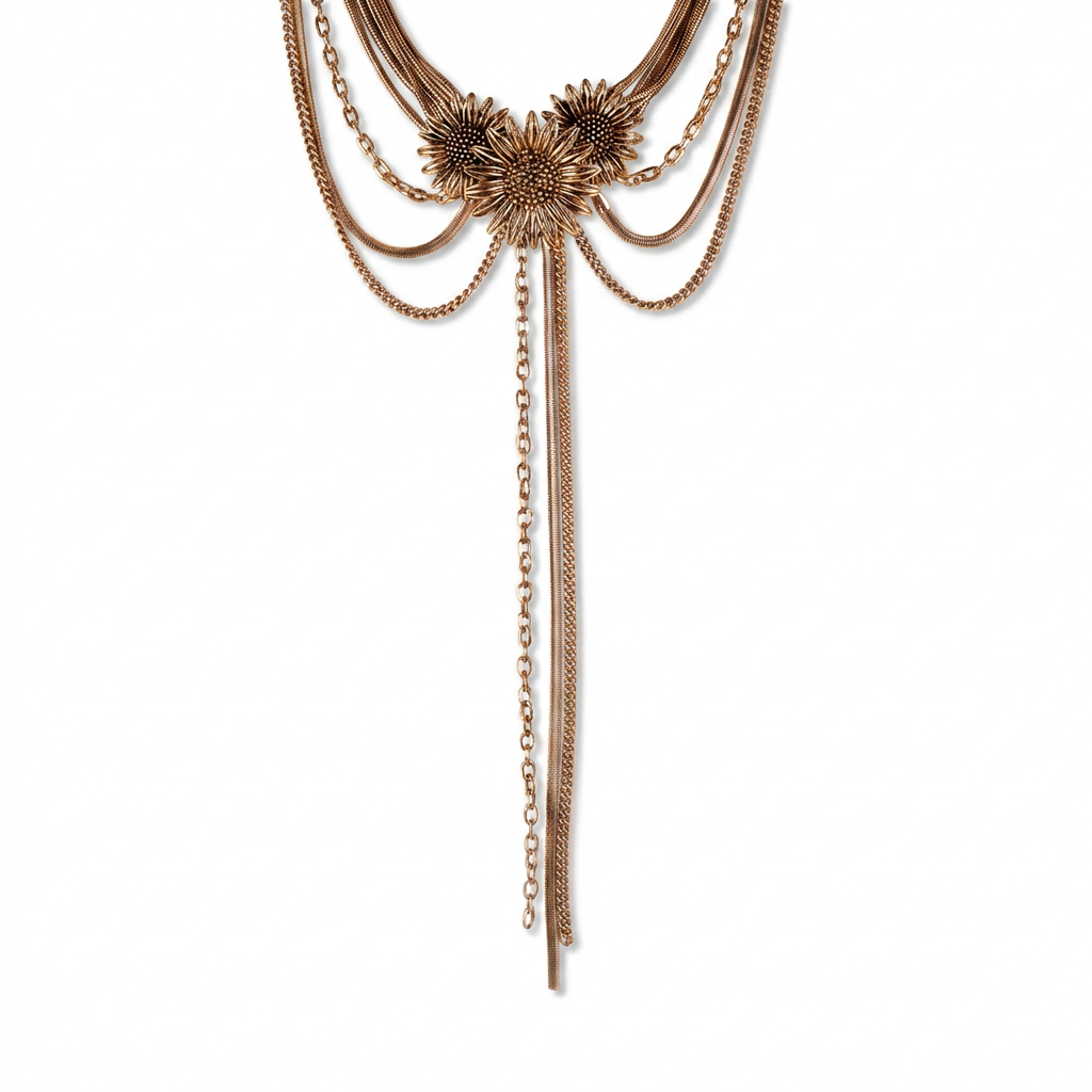 MULTI-WIRE CHOKER NECKLACE WITH SUNFLOWERS AND PENDANTS