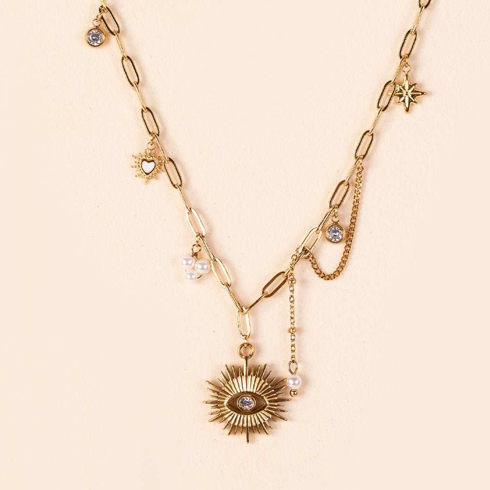 COLLANA GIROCOLLO FINA CON PENDENTI E OCCHIO CENTRALE
