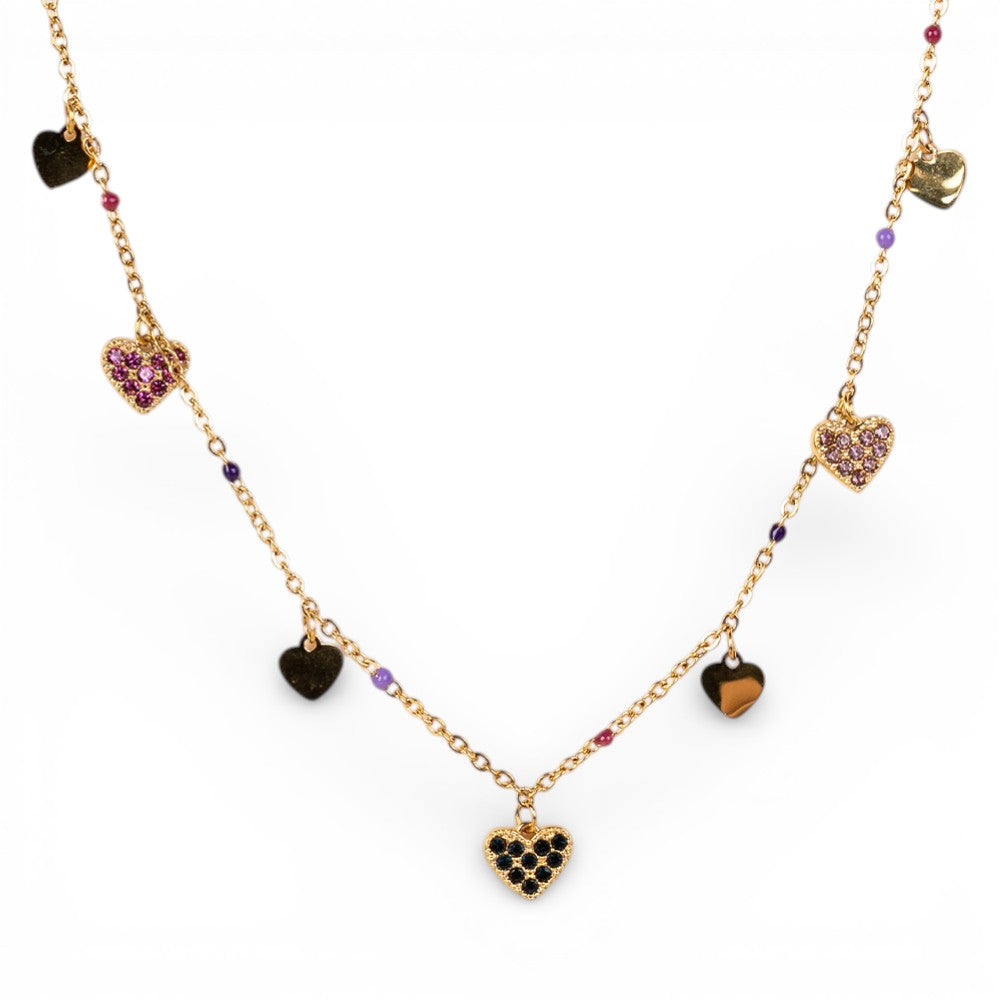 COLLANA GIROCOLO A CATENA CON CUORI E PERLINE