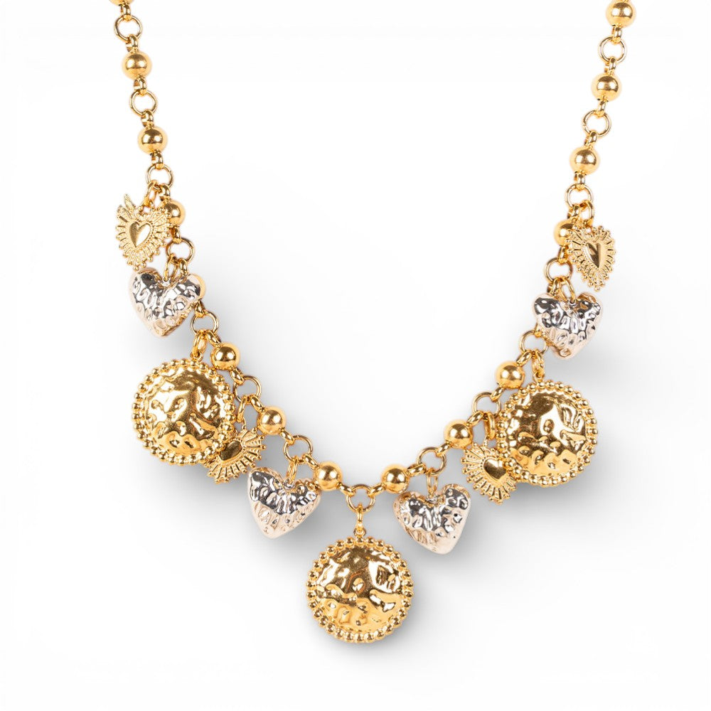 COLLANA A GIROCOLLO CON CUORI SACRI E DETTAGLI MARTELLATI