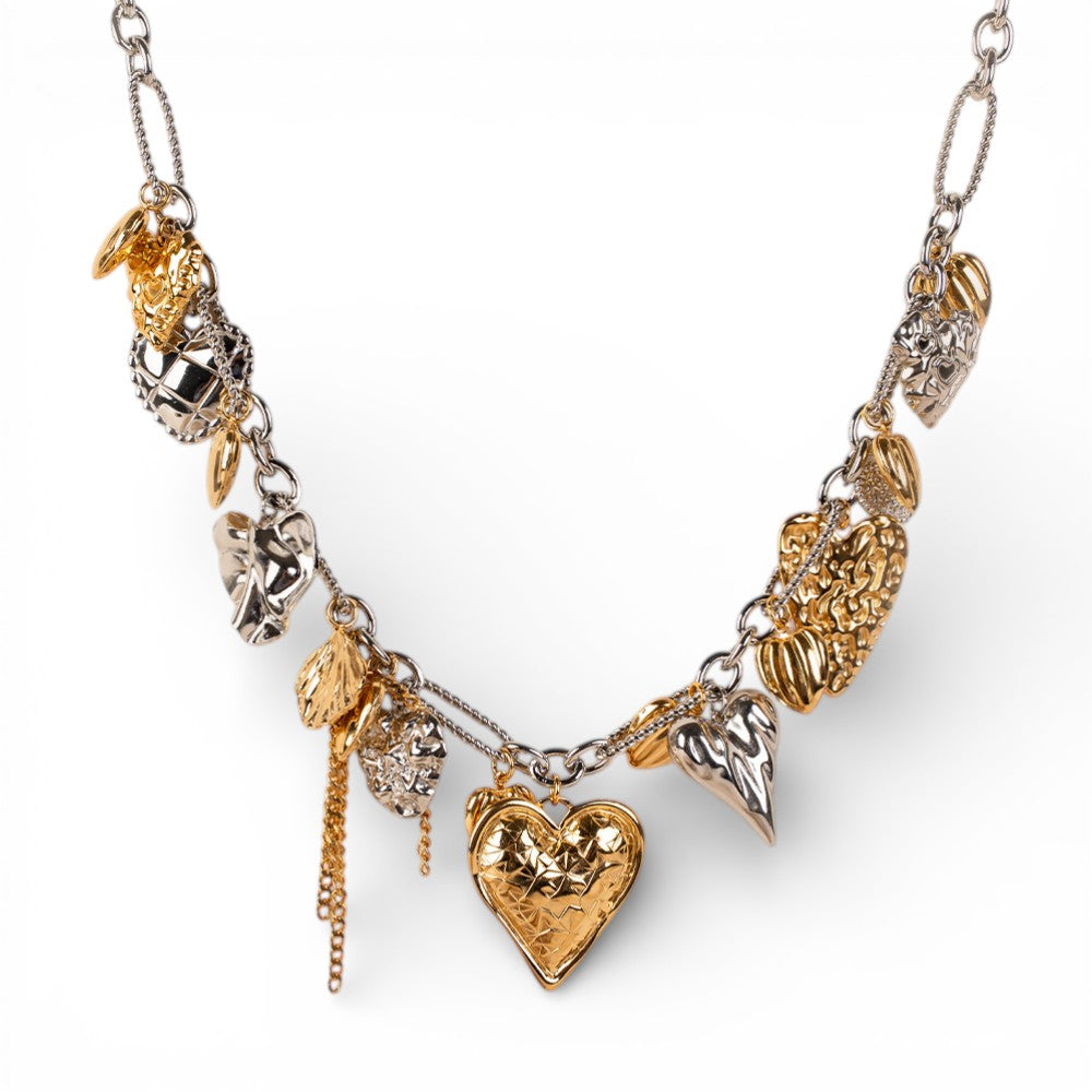 COLLANA A GIROCOLLO CON CATENA ALLUNGATA ATTORCIGLIATA E PENDENTI DIVERSI FRA LORO