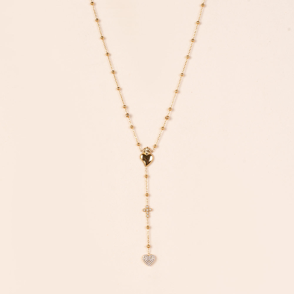 COLLANA A GIROCOLLO MODELLO ROSARIO CON CUORE SACRO E PENDENTE CON CROCE E CUORE DI STRASS