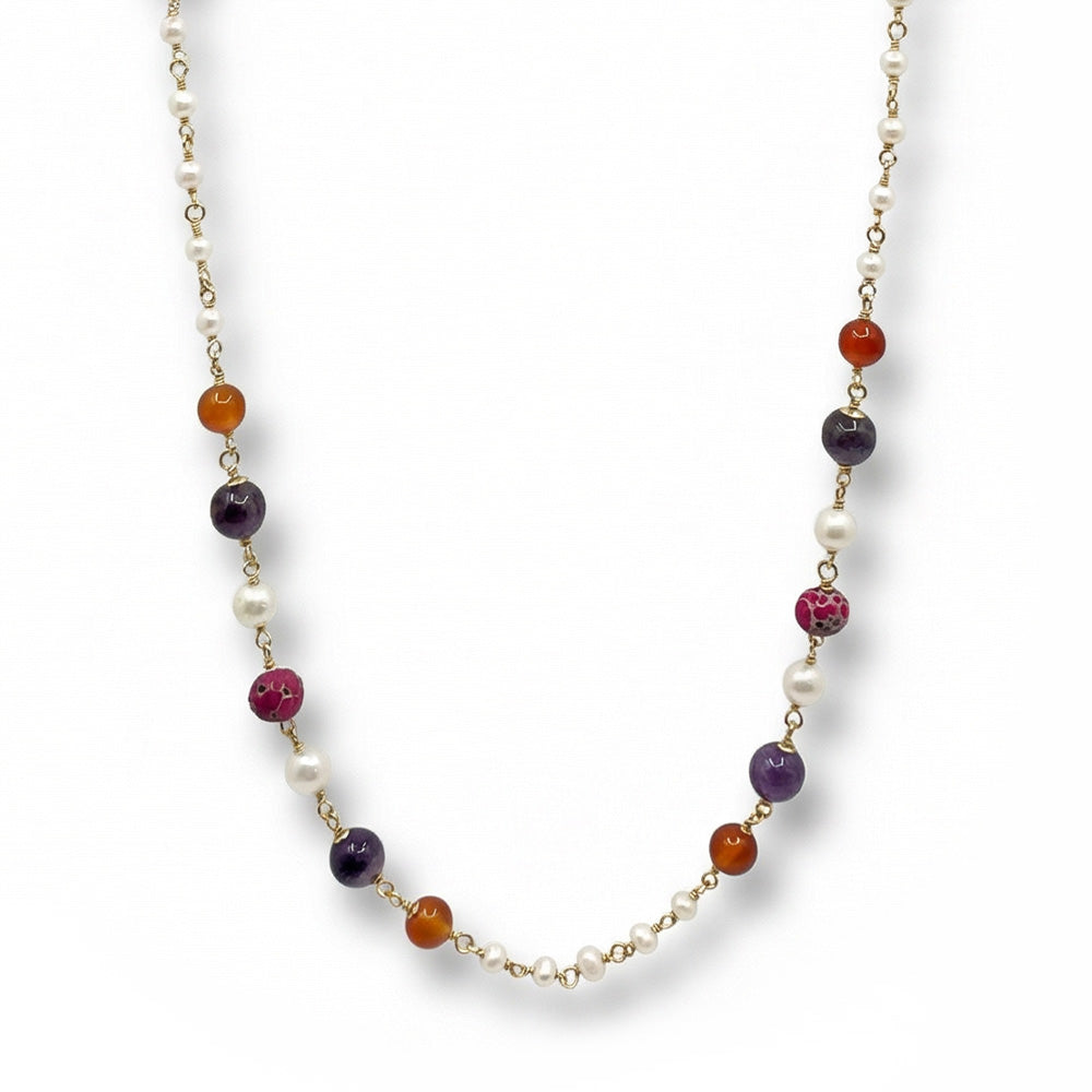 COLLANA LUNGA CON ELEMENTI IN PIETRA E PERLE
