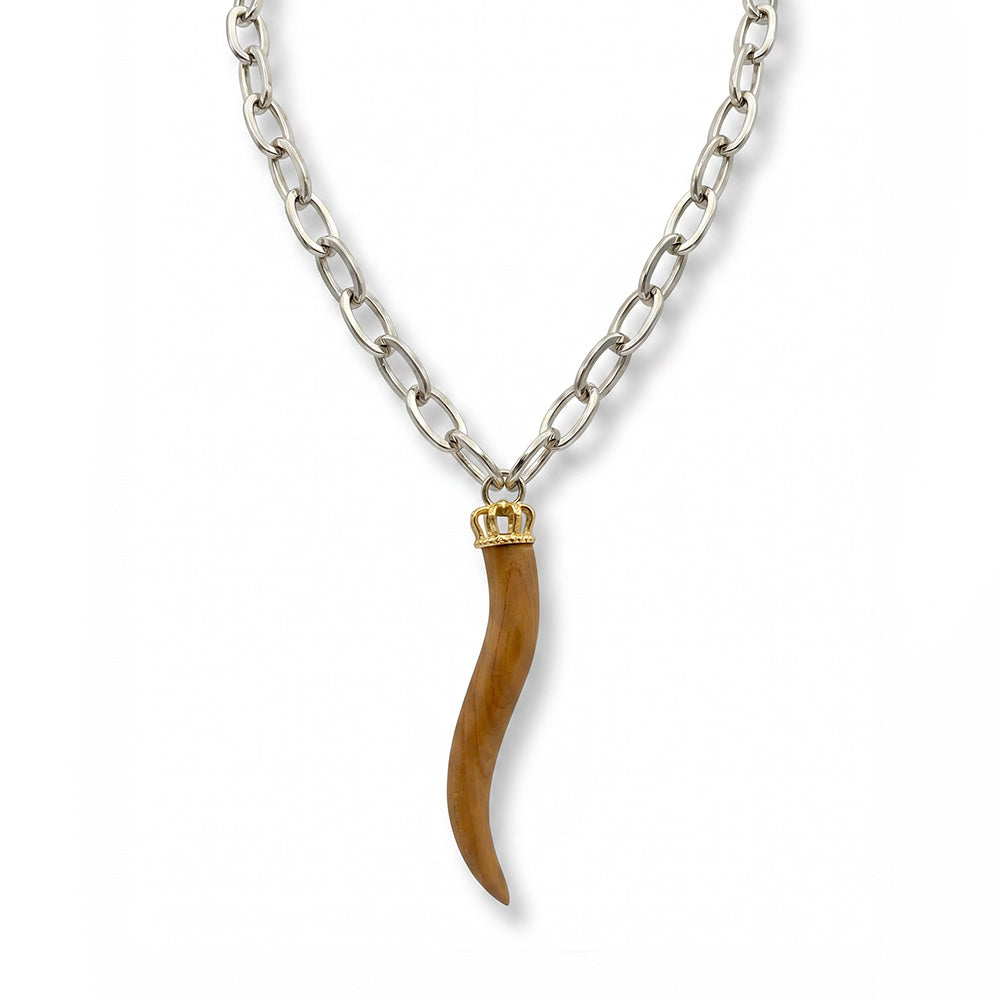 COLLANA A CATENA CON MAGLIE OVALI E CORNO GRANDE IN LEGNO