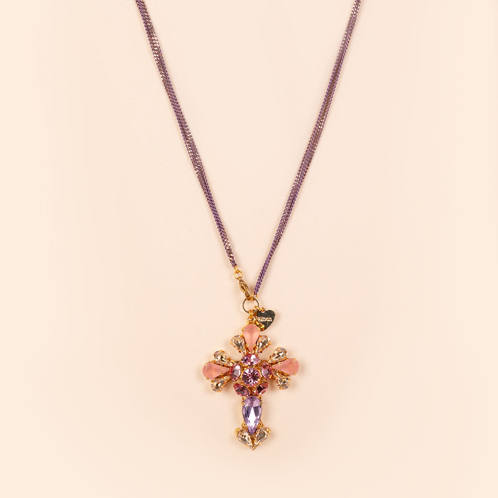 COLLANA LUNGA CON CATENA VIOLA E CROCE IN CRISTALLI TONO SU TONO