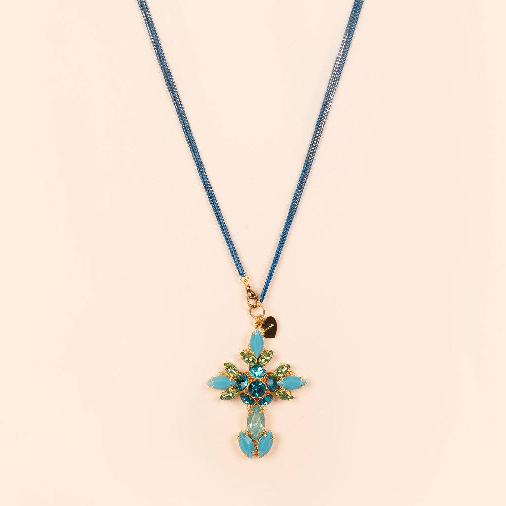 LONG NECKLACE WITH CHAIN AND CROSS IN TONE-ON-TONE CRYSTALS