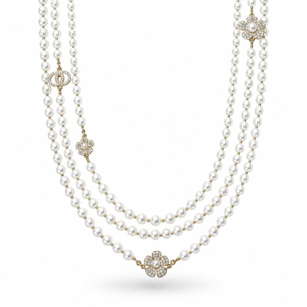 COLLANA CLASSICA A PERLE CON CERCHI E FIORI CON STRASS