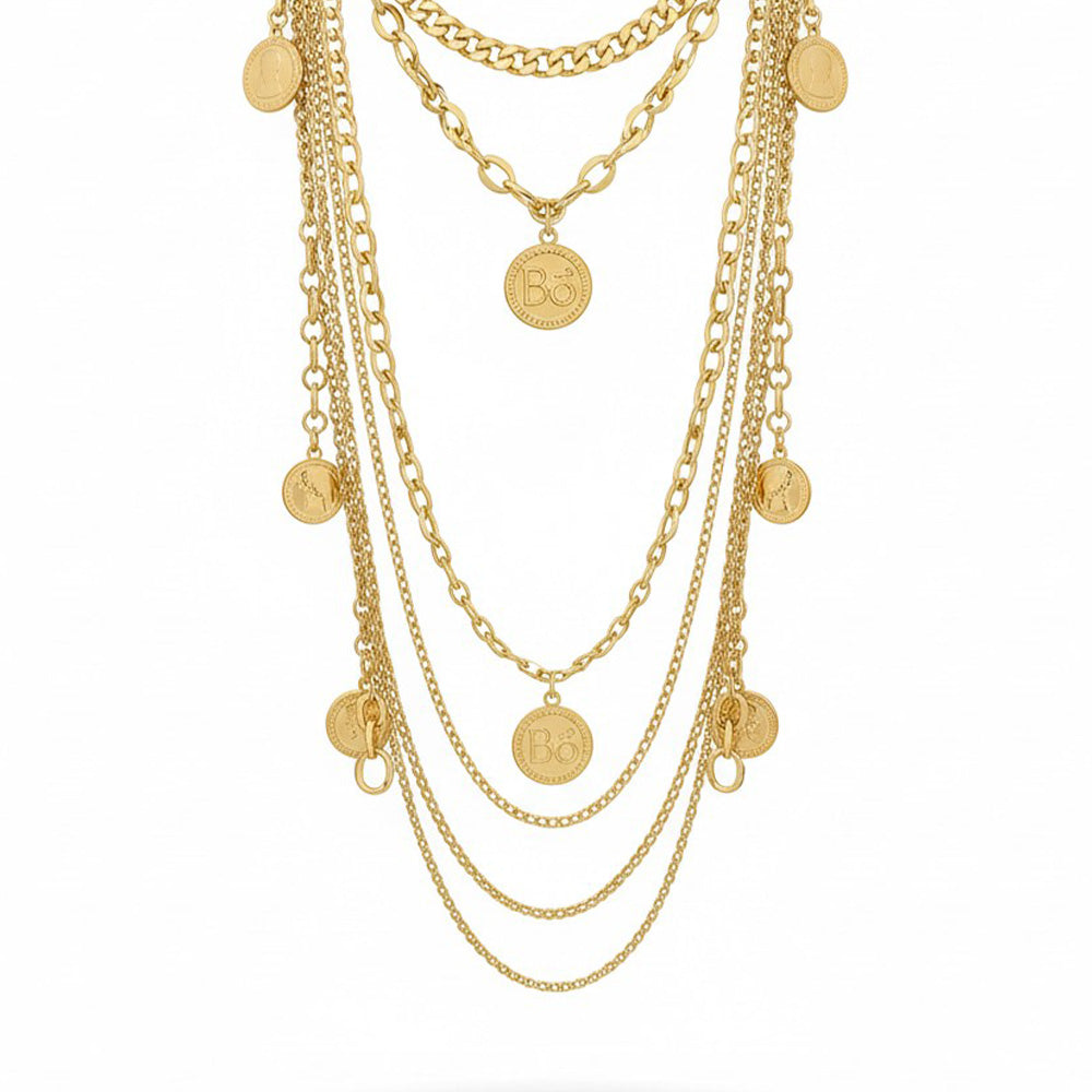 COLLANA LUNGA MULTIFICOLO CON MONETE E FILA DI CUORI
