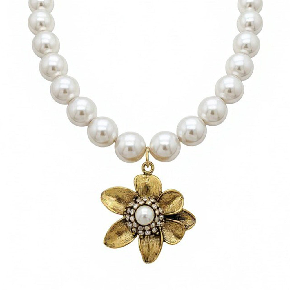 COLLANA GIROCOLLO DI PERLE CON FIORE PENDENTE