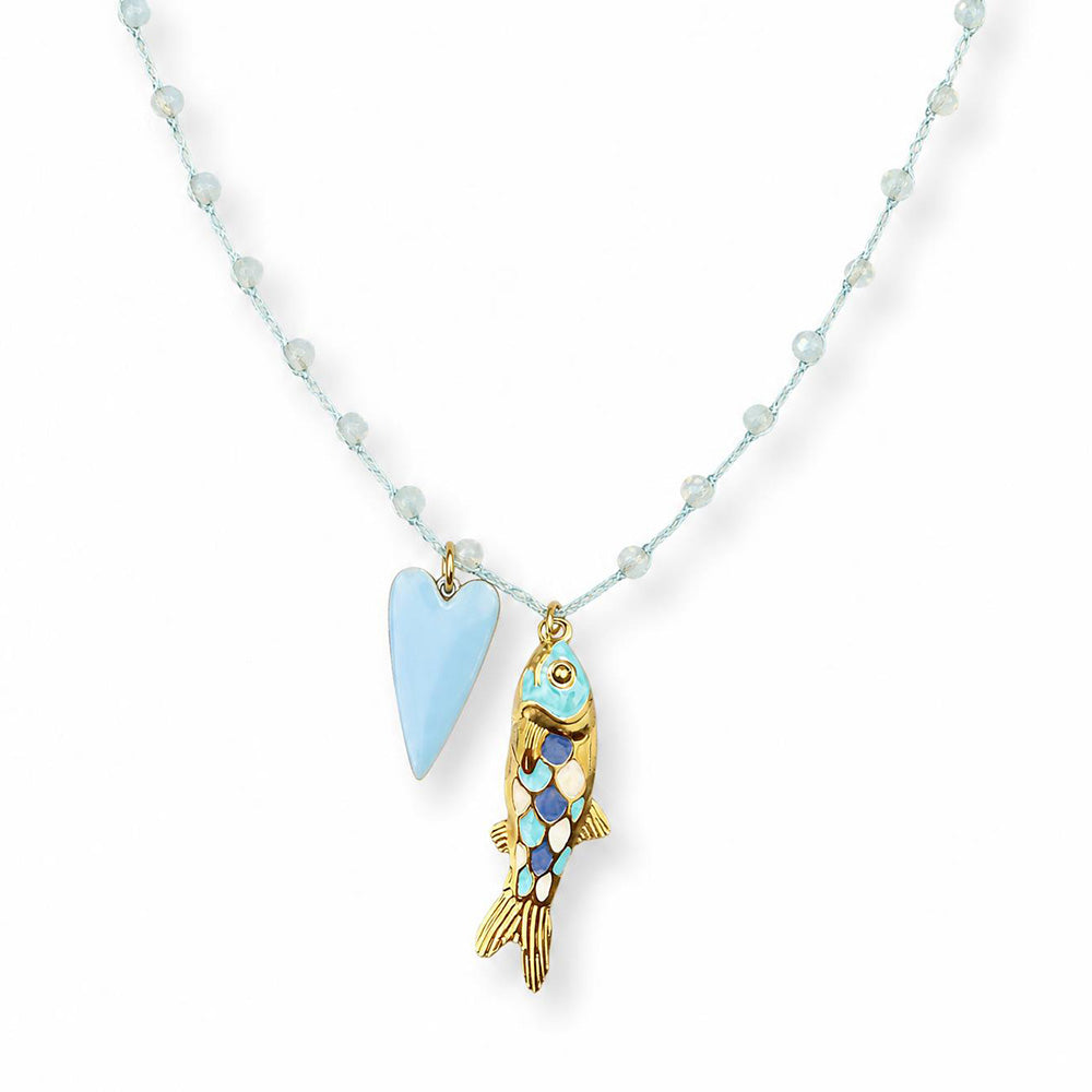 COLLANA LUNGA DI FILO E PERLINE CON CUORE PENDENTE E PESCE