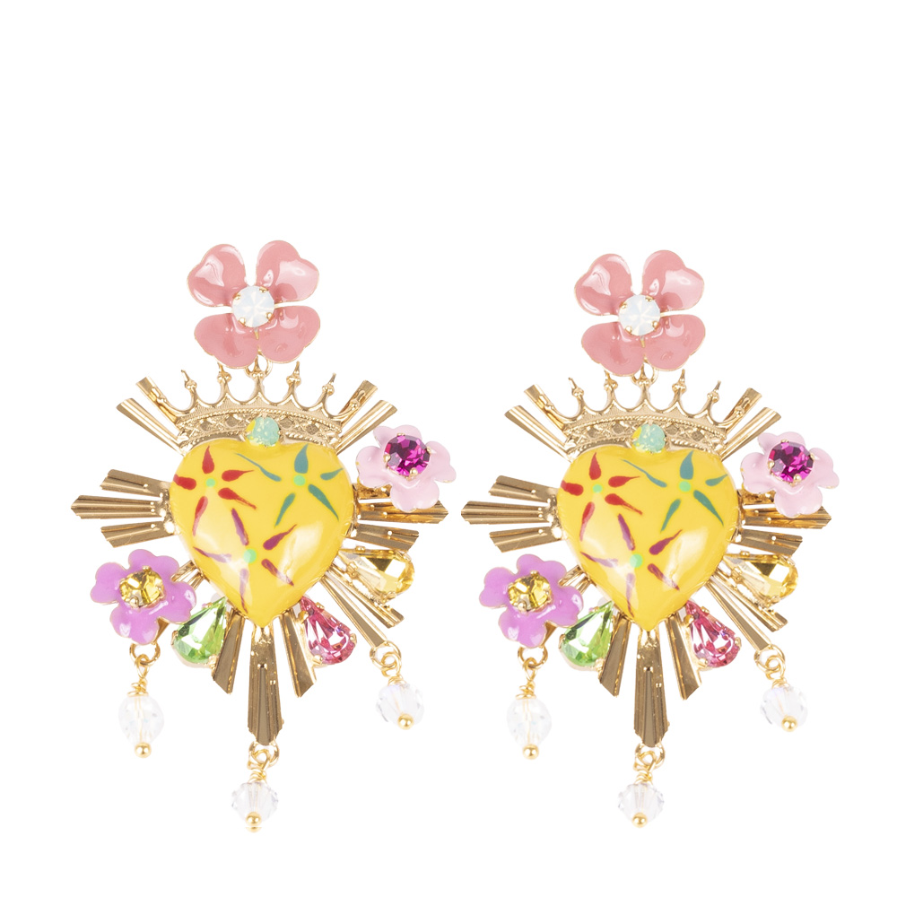 ORECCHINI PENDENTI A CUORE CON FIORI E STRASS