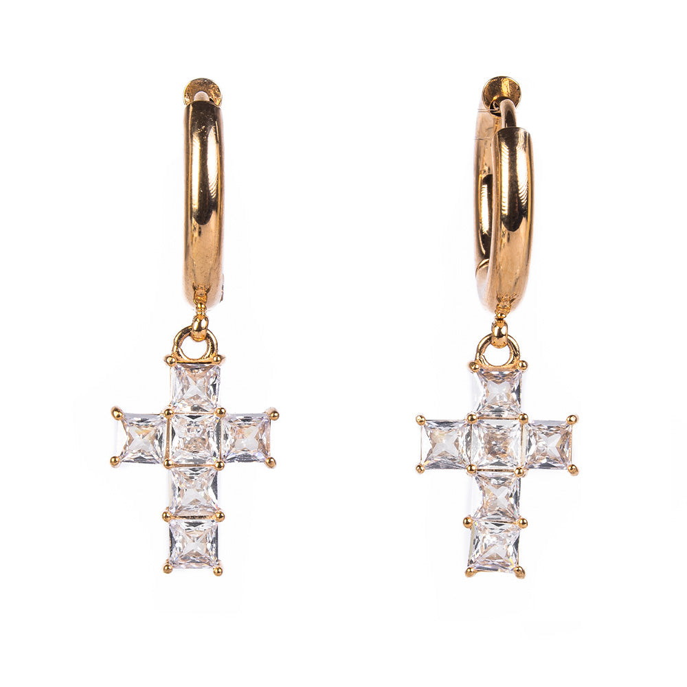 CROSS AND RHINESTONE HOOP EARRINGS