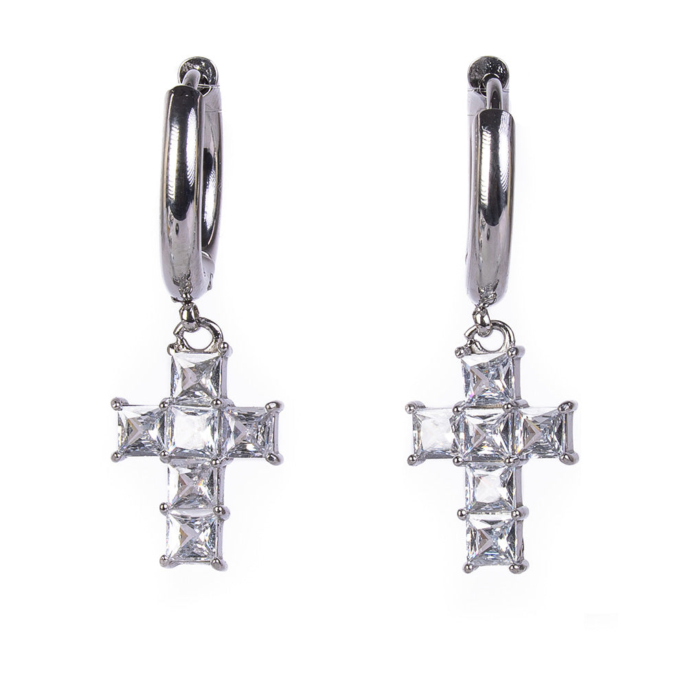 CROSS AND RHINESTONE HOOP EARRINGS
