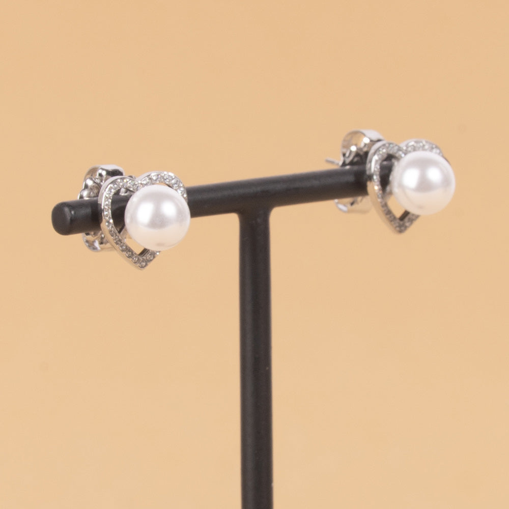 HEART STUD EARRINGS WITH RHINESTONE AND PEARL