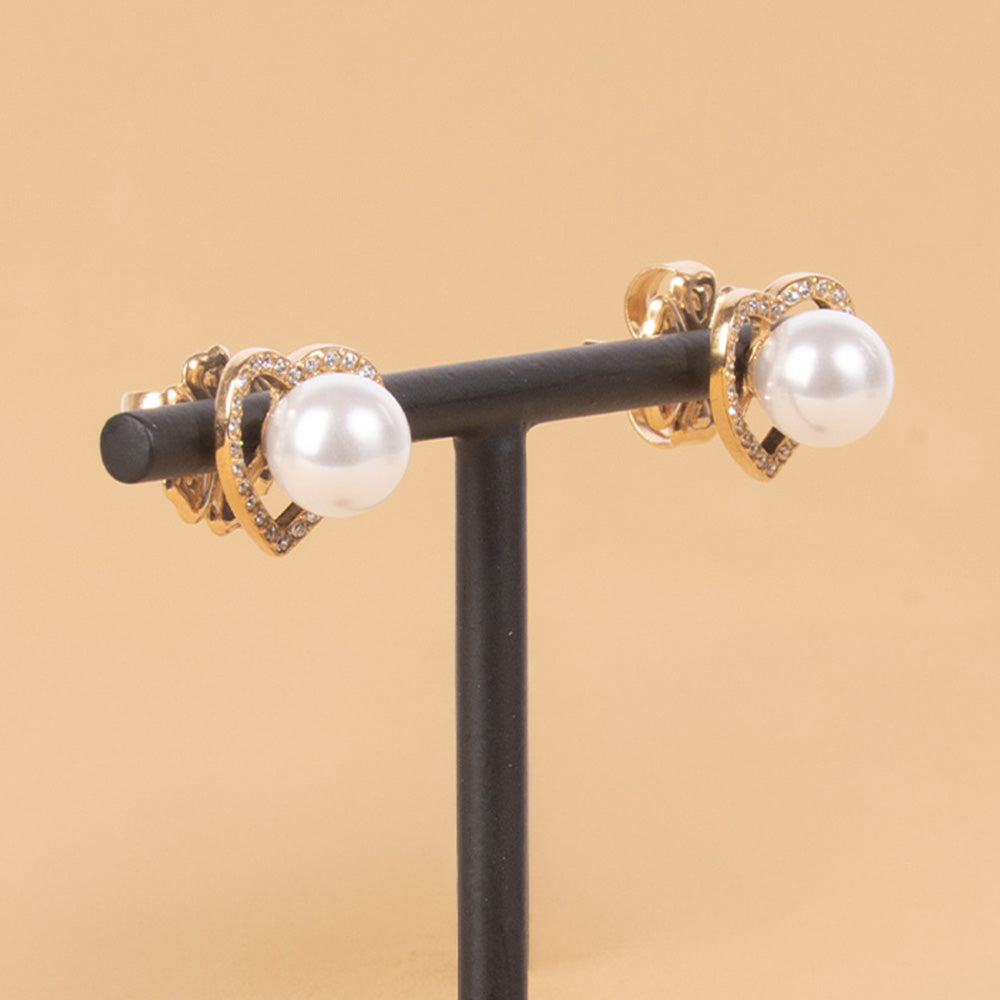 HEART STUD EARRINGS WITH RHINESTONE AND PEARL