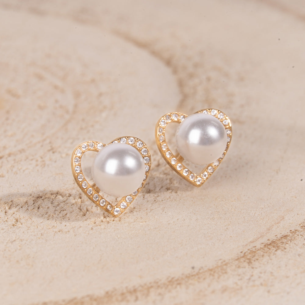 HEART STUD EARRINGS WITH RHINESTONE AND PEARL