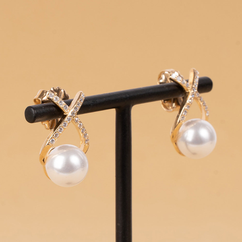 ORECCHINI A LOBO CON PERLA E STRASS AD X