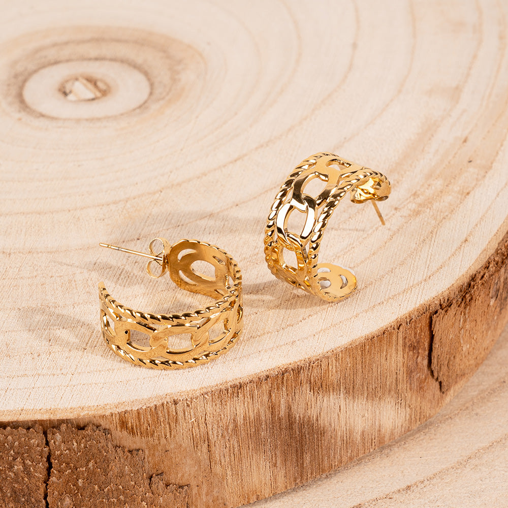 WORKED HOOP EARRINGS WITH CENTRAL CHAIN