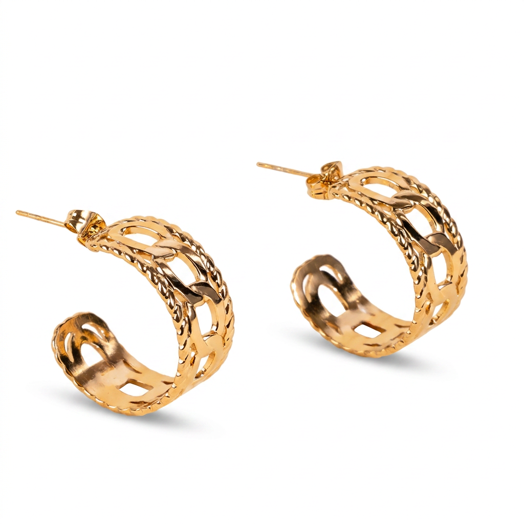 WORKED HOOP EARRINGS WITH CENTRAL CHAIN