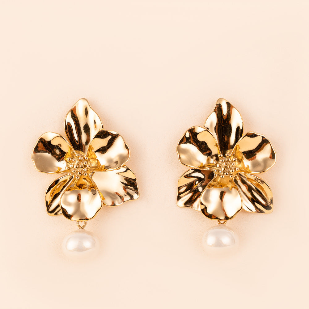 ORECCHINI A FIORE TROPICALE CON PERLA PENDENTE