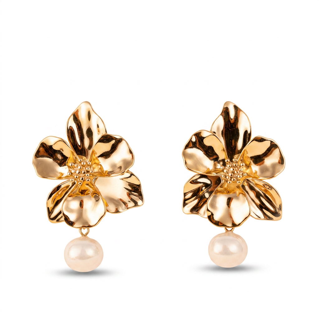 TROPICAL FLOWER EARRINGS WITH PEARL DANGLE