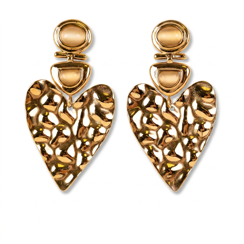 HAMMERED HEART AND STONES DANGLING EARRINGS