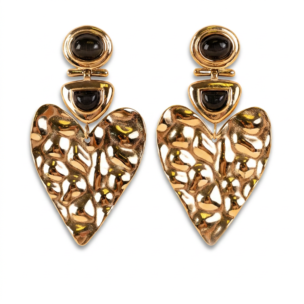 HAMMERED HEART AND STONES DANGLING EARRINGS