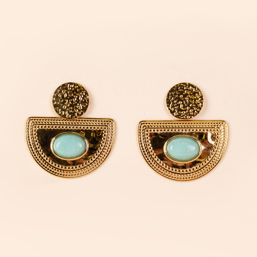 ORECCHINI PENDENTI CON MEZZO DISCO LAVORATO E PIETRA