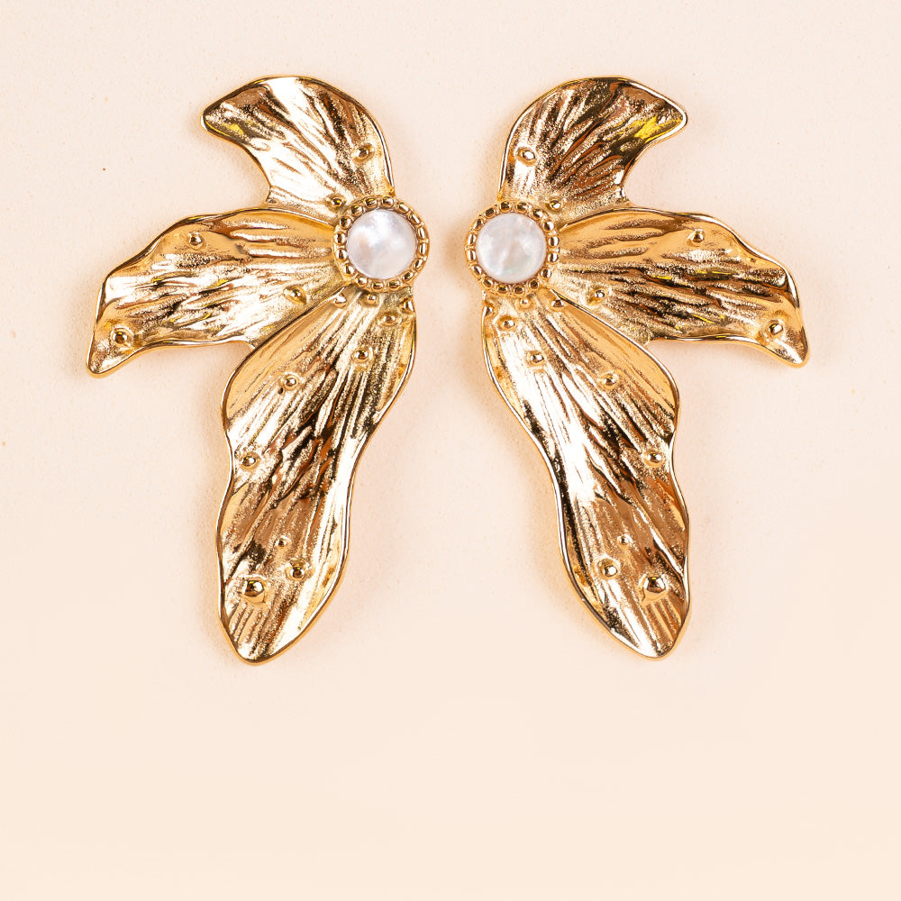 EARRINGS WITH HALF WORKED FLOWER AND CENTRAL STONE