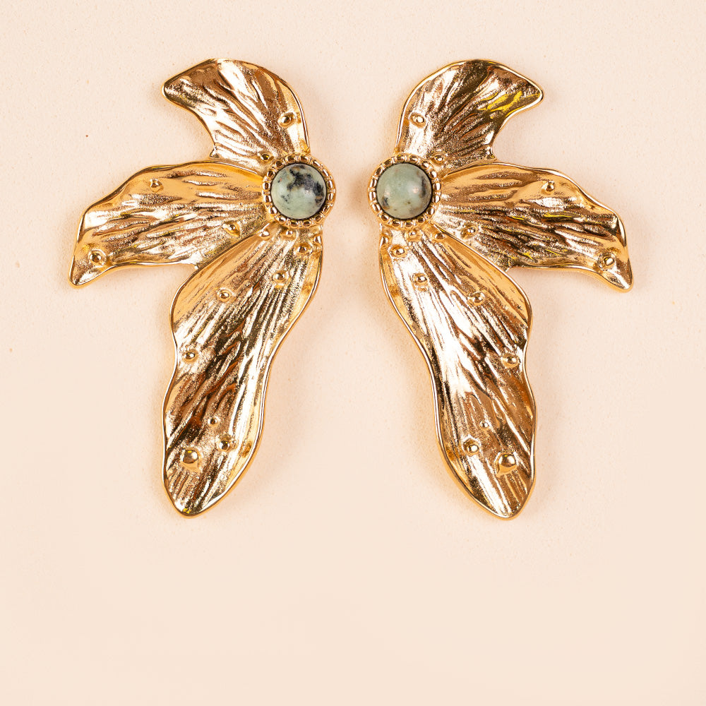 EARRINGS WITH HALF WORKED FLOWER AND CENTRAL STONE