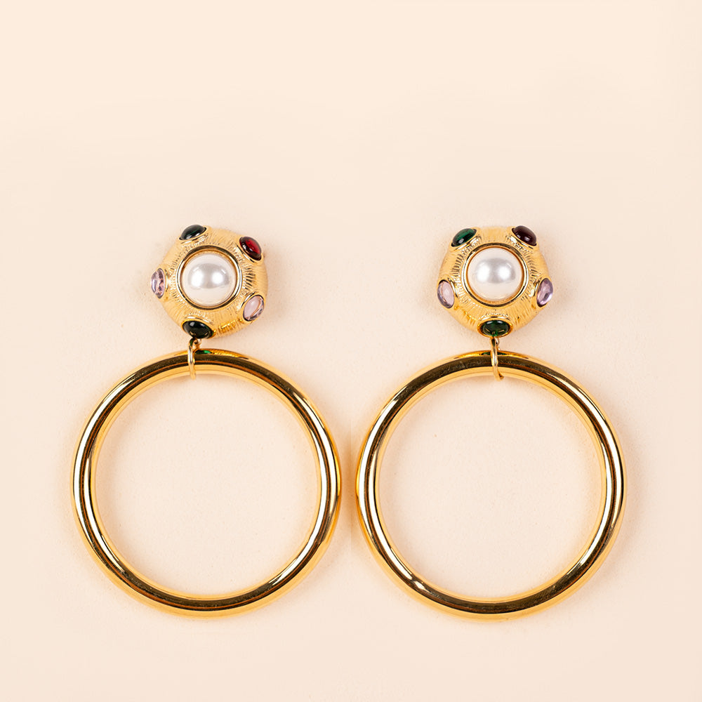 COLORFUL STONES HOOP AND BUTTON DANGLING EARRINGS