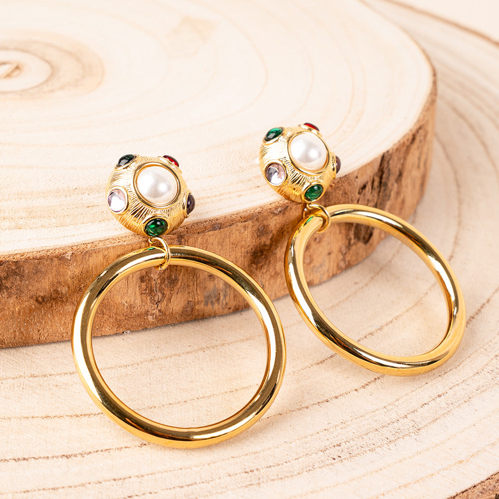 COLORFUL STONES HOOP AND BUTTON DANGLING EARRINGS