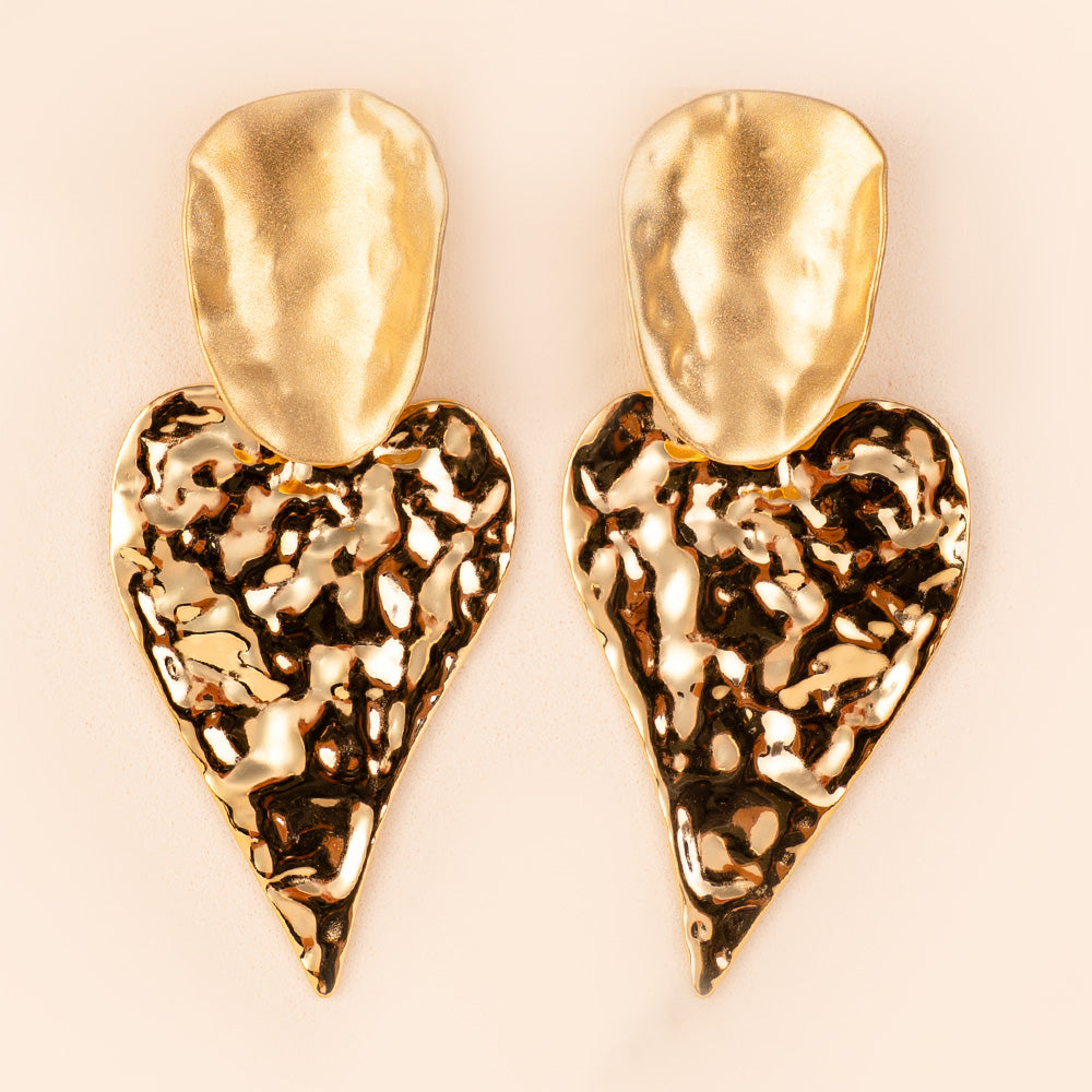 SATIN CONCAVE OVAL AND POLISHED HAMMERED HEART DANGLING EARRINGS