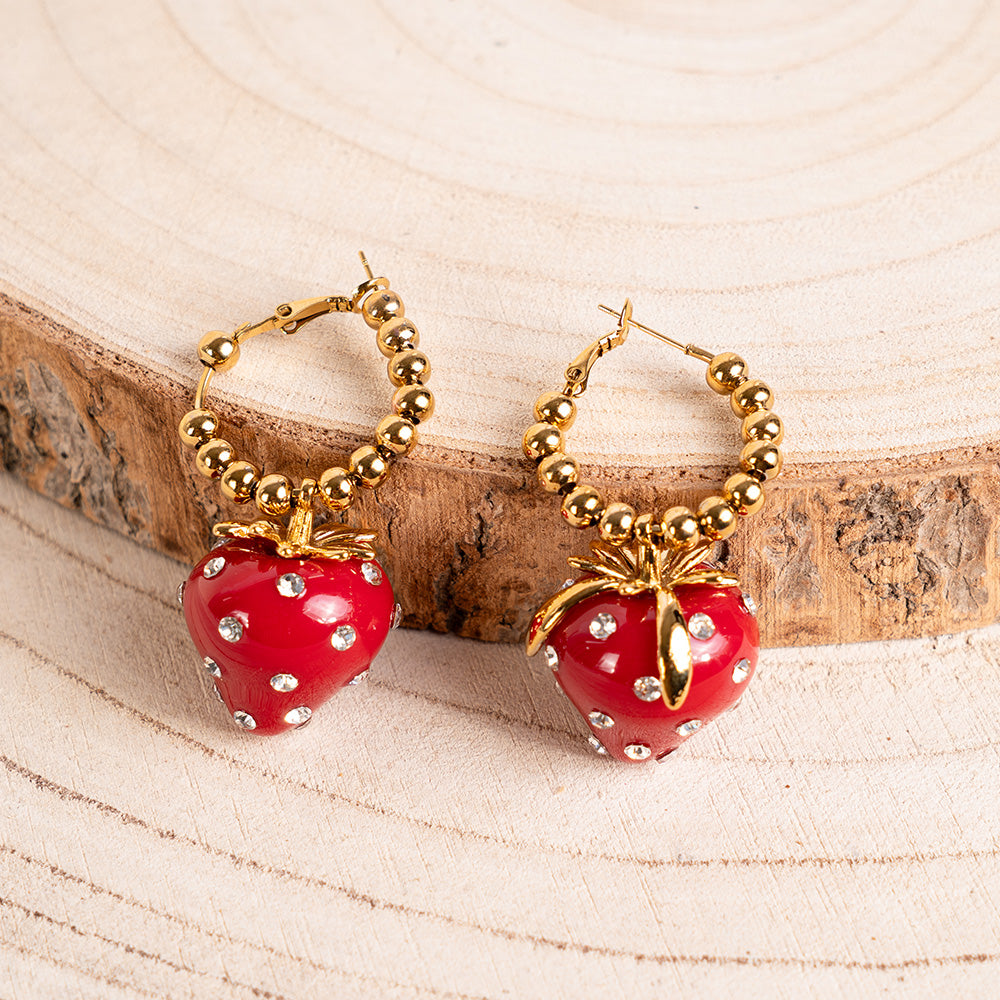 ORECCHINI PENDENTI CON FRAGOLE CON STRASS