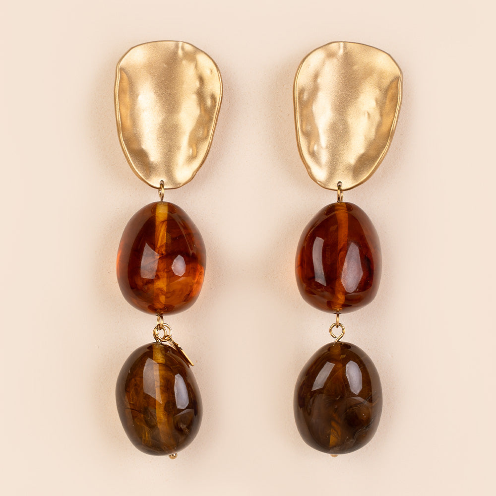 ORECCHINI PENDENTI CON PLACCA CONCAVA SATINATA E DUE PIETRE OVALI