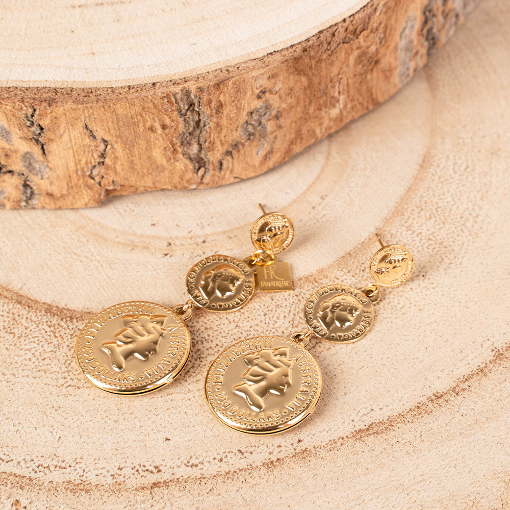 ORECCHINI PENDENTI CON TRE MONETE CRESCENTI