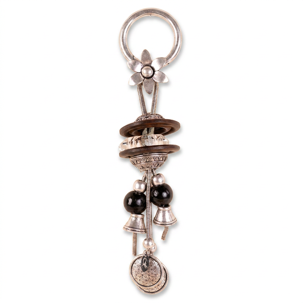 KEY RING WITH TWO WOODEN DISCS AND DIFFERENT PENDANTS