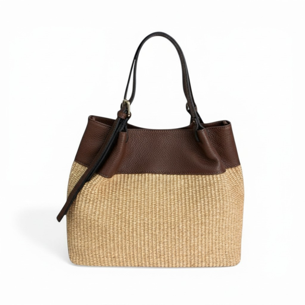 BORSA A SPALLA EFFETTO PAGLIA E PARTE SUPERIORE IN PELLE