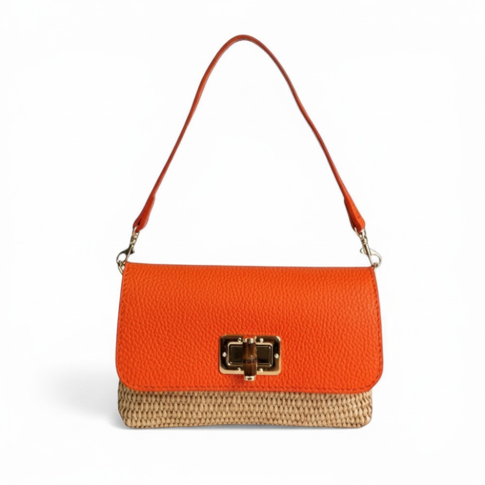 BORSA POCHETTE CON BASE EFFETTO PAGLIA E GIRELLO IN BAMBOO