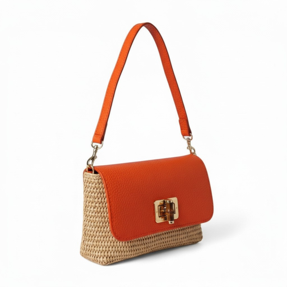 BORSA POCHETTE CON BASE EFFETTO PAGLIA E GIRELLO IN BAMBOO