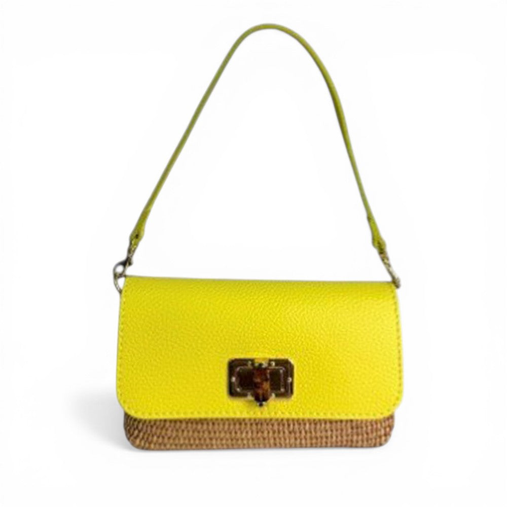 BORSA POCHETTE CON BASE EFFETTO PAGLIA E GIRELLO IN BAMBOO