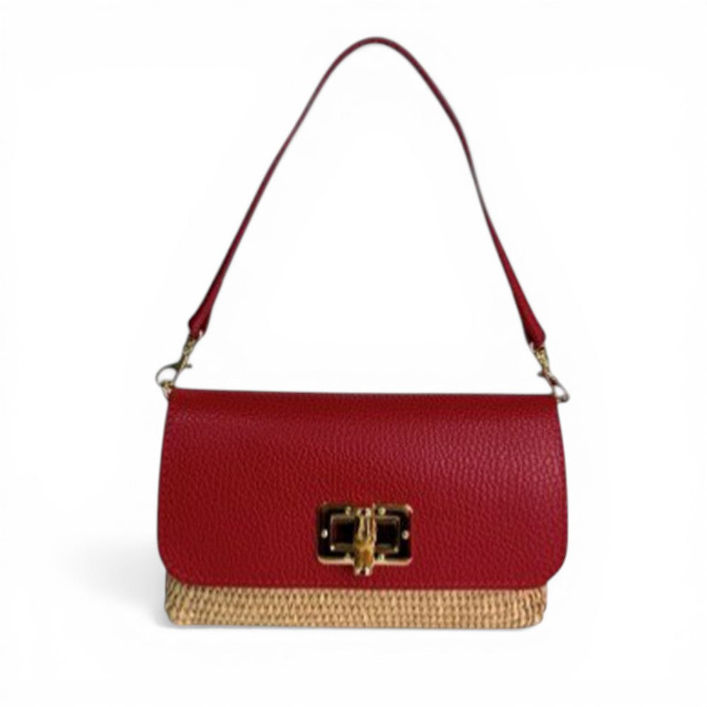 BORSA POCHETTE CON BASE EFFETTO PAGLIA E GIRELLO IN BAMBOO