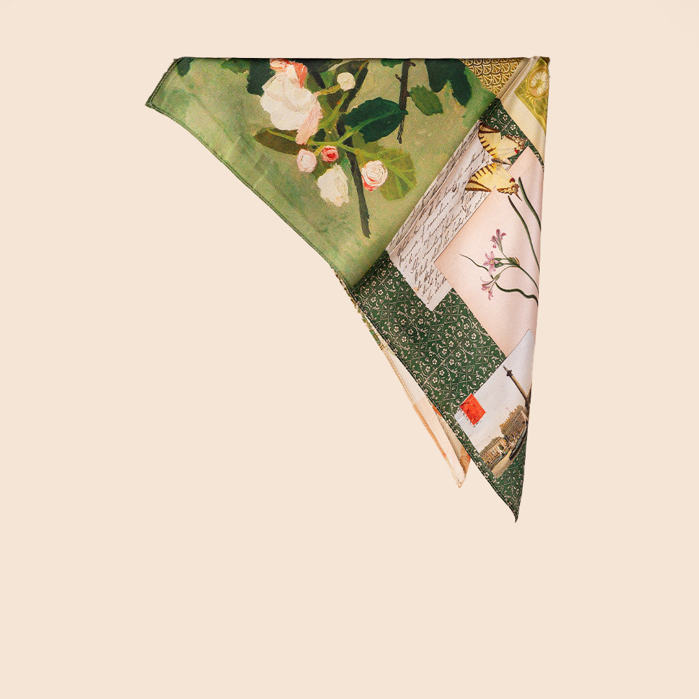 SCIARPA FOULARD DA COLLO IN SETA CON FIORI FARFALLE E MICROFANTASIE