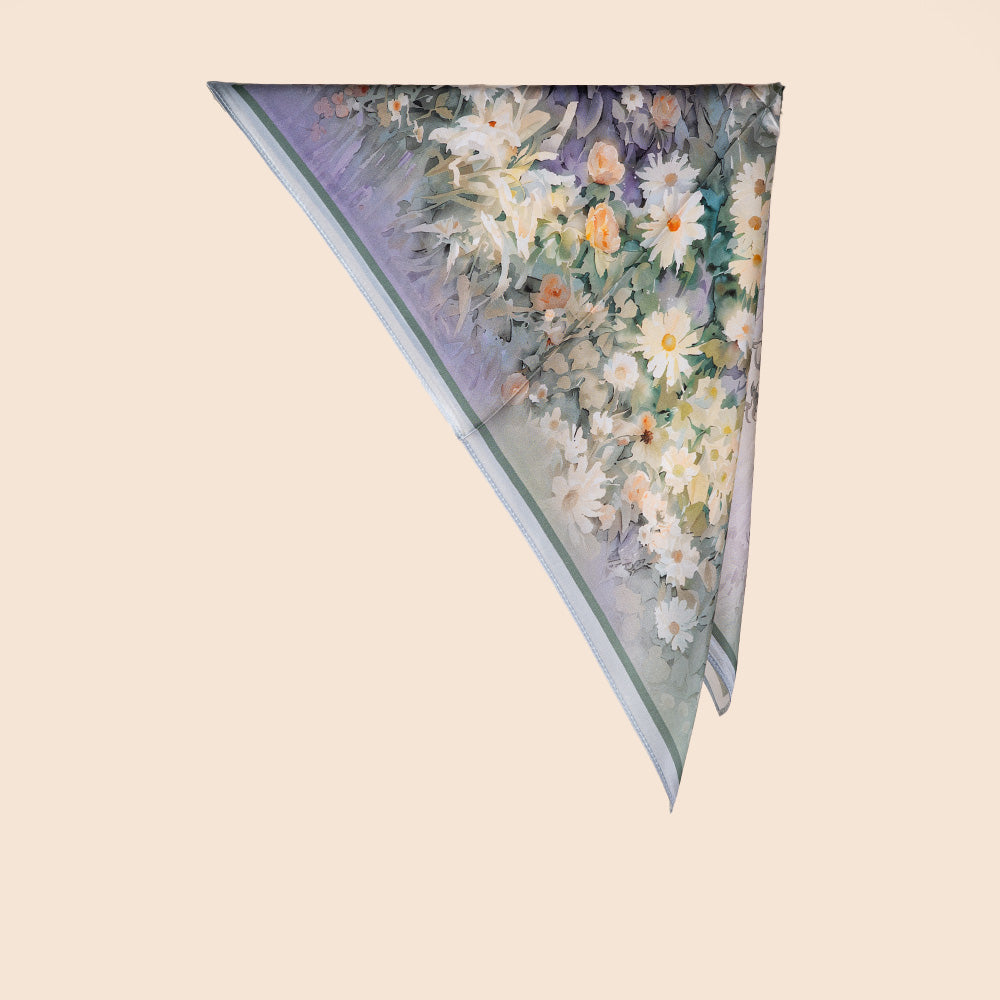 SCIARPA FOULARD DA COLLO IN SETA CON MARGHERITE WATERCOLOR