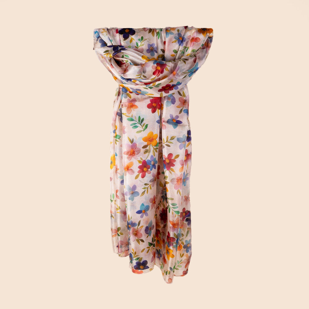 SCIARPA FOULARD IN SETA GRANDE RETTANGOLARE CON FIORELLINI COLORATI