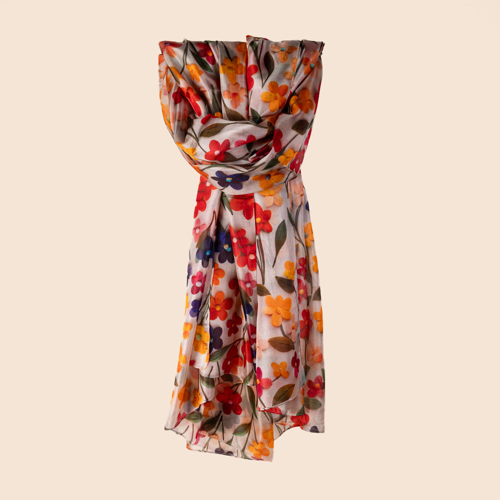 SCIARPA FOULARD IN SETA GRANDE RETTANGOLARE CON FIORI CON GAMBO