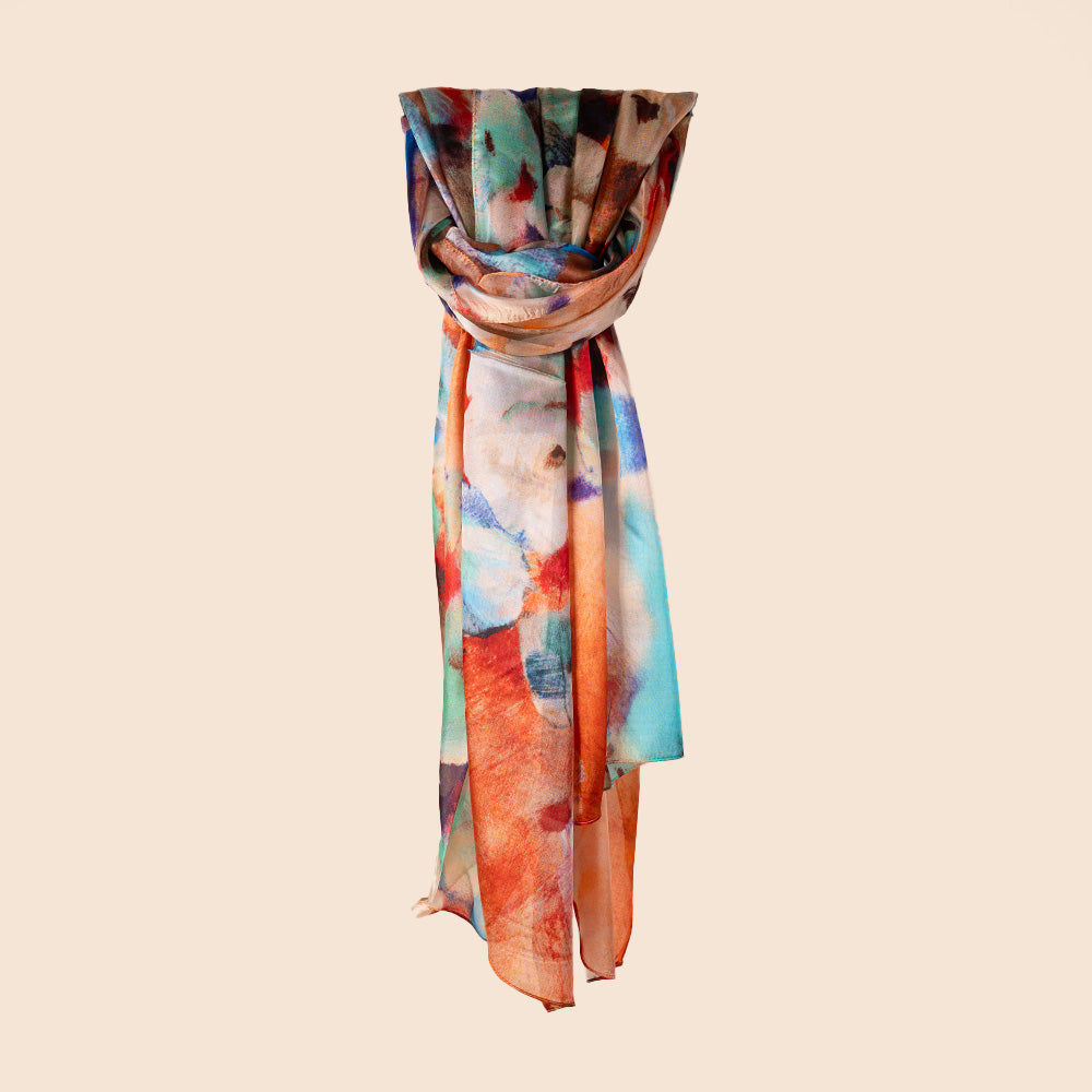 SCIARPA FOULARD IN SETA GRANDE RETTANGOLARE CON FIORI E MACCHIE SFUMATE